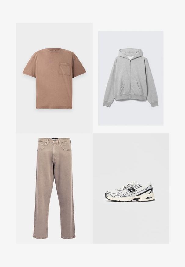 Sudadera con cremallera gris hecha de tela suave, con capucha, puños acanalados y bolsillos frontales con un ajuste relajado. Etiqueta: WEEKDAY.; Camiseta de manga corta y cuello redondo en algodón color marrón claro, con un único bolsillo en el pecho y una textura sutil. Corte recto con bordes limpios.; Vaqueros rectos de tono beige claro con textura ligeramente desvaída, diseño de cinco bolsillos y cierre con botón metálico. Detalles de costura prominentes.; Zapatilla deportiva blanca y gris con logo negro "N", parte superior de malla, suela acolchada y diseño de cordones, presentada sobre un fondo gris claro liso.