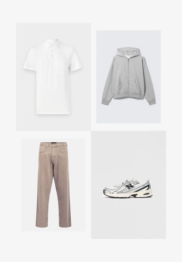 Grå hettejakke med glidelås laget av myk stoff, med hette, ribbede mansjetter og frontlommer med en avslappet passform. Merke: WEEKDAY.; Hvit kortermet polo skjorte laget av mykt stoff. Har en tre-knapp placket og en brystlomme på venstre side.; Beige straight-leg jeans laget av denim, med et klassisk fem-lomme-design, stikkingdetaljer og en ren hemfinnish.; Hvit og grå idrettssko med svart "N"-logo, mesh-overdel, polstret såle og snøredesign, vist på ensfarget lys grå bakgrunn.