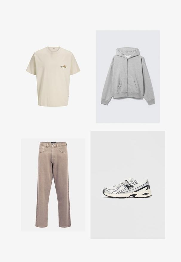 Hanorac gri cu fermoar, fabricat din material moale, având glugă, manșete cu rebrare și buzunare frontale, cu o croială relaxată. Etichetă: WEEKDAY.; Tricou din bumbac de culoare bej deschis, cu mâneci scurte, decolteu rotund și un logo imprimat care scrie "ORIGINALS ESTABLISHED IN 1900" pe piept.; Jeans bej cu croi drept, fabricate din denim, având un design clasic cu cinci buzunare, accente cusute și o finisare curată a tivului.; Adidașuri atletice albe și gri cu logo-ul negru "N", partea superioară din plasă, talpă amortizată și design cu șireturi, prezentate pe un fundal simplu de gri deschis.