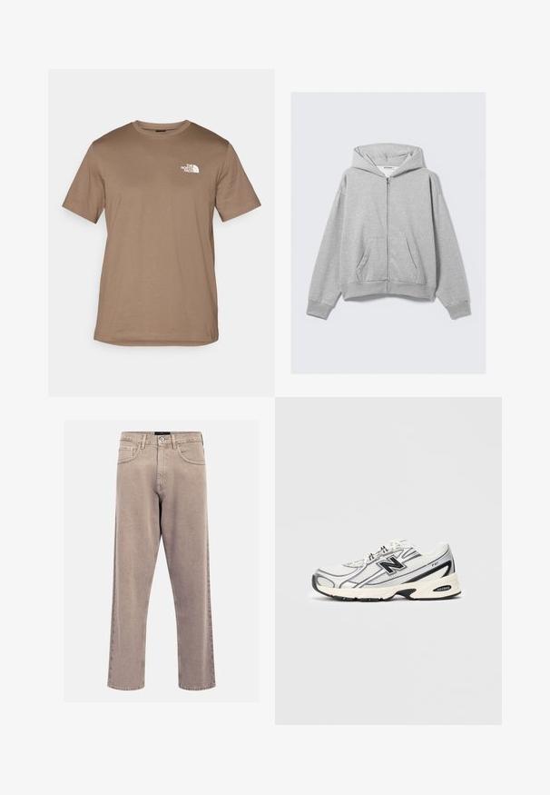 Grauer Reißverschluss-Hoodie aus weichem Stoff, mit Kapuze, gerippten Bündchen und Fronttaschen in lässiger Passform. Etikett: WEEKDAY.; Braunes T-Shirt mit kurzen Ärmeln aus Baumwolle und geripptem Rundhalsausschnitt. Verfügt über ein kleines weißes Logo im linken Brustbereich.; Beige gerade geschnittene Jeans aus Denim, mit einem klassischen Fünf-Taschen-Design, genähten Akzenten und einem sauberen Saumfinish.; Weißer und grauer Sportschuh mit schwarzem "N"-Logo, Obermaterial aus Mesh, gepolsterter Sohle und Schnürdesign, auf einem einfachen hellgrauen Hintergrund abgebildet.