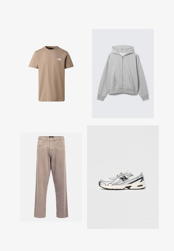 Šedá mikina na zip z měkké látky, s kapucí, ribovanými manžetami a předními kapsami, s uvolněným střihem. Nálepka: WEEKDAY.; Beige tričko s krátkým rukávem a kulatým výstřihem s logem "The North Face" na levé části hrudi na bílém pozadí.; Beige džíny rovného střihu vyrobené z denimu, s klasickým designem pěti kapes, prošitými akcenty a čistým zakončením nohavic.; Bílé a šedé sportovní tenisky s černým logem "N", síťovaným svrchním materiálem, polstrovanou podrážkou a šněrovacím designem, zobrazené na jednoduchém světle šedém pozadí.