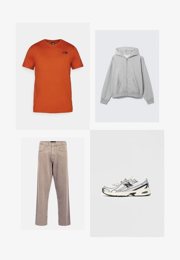 Pelēks zip-pulovers, izgatavots no mīksta auduma, ar kapuci, ribotas aproces un priekšējām kabatām, ar brīvu piegriezumu. Marķējums: WEEKDAY.; The North Face BOX CELEBRATION TEE - Apdrukāts T-krekls - earthen copper; Bežīgas taisnas kājas džinsi, izgatavoti no denima, ar klasisku piecu kabatu dizainu, šūtām akcentiem un tīru apakšmalu apdari.; Baltā un pelēkā sporta apavu ar melno "N" logo, mitrumizturīgs augšējais slānis, mīksts zolē un saistīšanas dizains, attēlots uz vienkārša gaiši pelēka fona.