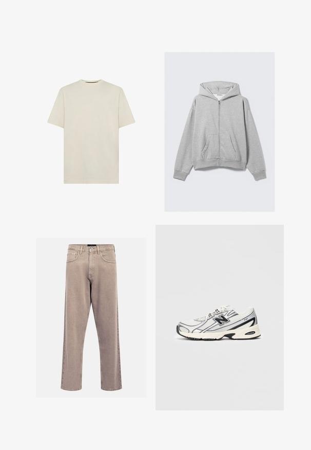 Hanorac gri cu fermoar, fabricat din material moale, având glugă, manșete cu rebrare și buzunare frontale, cu o croială relaxată. Etichetă: WEEKDAY.; T-shirt din bumbac bej deschis cu guler clasic și mâneci scurte. Design simplu, fără ornamente. Textură moale, croială regulară.; Jeans bej cu croi drept, fabricate din denim, având un design clasic cu cinci buzunare, accente cusute și o finisare curată a tivului.; Adidașuri atletice albe și gri cu logo-ul negru "N", partea superioară din plasă, talpă amortizată și design cu șireturi, prezentate pe un fundal simplu de gri deschis.