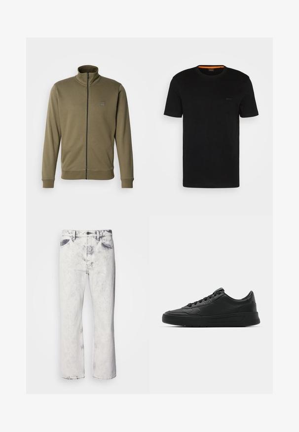 Olíva zöld, cipzáras dzseki puha anyagból, magas gallérral, bordázott mandzsettával és egy kis logóval a bal mellen.; Fekete, rövid ujjú póló, puha anyagból készült, kerek nyakkivágással és diszkrét logóval az elején. A nyakpánt belseje narancssárga díszítéssel rendelkezik.; Fehér farmernadrág, kopott mosással, egyenes lábformával és sötét kontrasztos részletekkel a zseben. Gombos és cipzáras záródással rendelkezik.; Fekete sneaker sima bőr felsőrésszel, kerek orral, lapos fűzőkkel, párnázott nyakkal és minimalista dizájnnal. Gumi talp finom profillal.