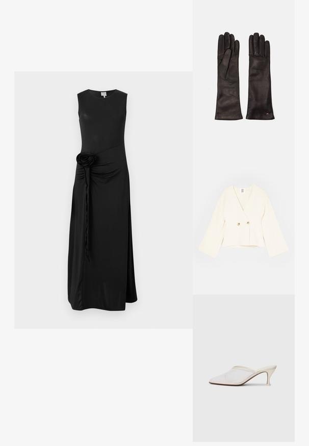 Jachetă croită de culoare crem, cu decolteu adânc în V, mâneci lungi și largi, și două închideri cu nasturi de culoare aurie. Material moale, texturat.; Rochie neagră fără mâneci, realizată dintr-un material neted, având detalii pliate pe lateral și un accent decorativ din țesătură sub formă de rozetă la talie.; Mule alb cu plasă, cu vârf ascuțit, toc subțire de înălțime medie și design slip-on, pe un fundal simplu.; Weekend Max Mara SENAPE - Mănuși - nero