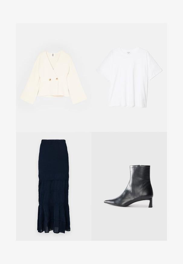 Cream-colored cropped wrap jacket with a deep V-neck, long wide sleeves, and two gold-colored button closures. Soft, textured fabric.; White cotton t-shirt with short sleeves, round neckline, relaxed fit, and stitched hem. Label visible on the inside neck.; Navy blue, smocked midi skirt with a tiered, ruffled hem and textured fabric. Elastic waistband for adjustable fit.; Black leather ankle boot with a pointed toe and a sleek design. Features a low heel and a zipper closure at the back. Smooth texture.