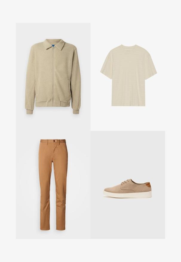 Smėlinis zip-up vilnos džemperis su apykakle, raukšlėtomis rankovėmis ir apačia, turintis šonines kišenes ir švelnią tekstūruotą medžiagą.; Kreminės spalvos trumpa rankovė marškinėliai su subtiliu dryžuotu tekstūru ir apvaliu iškirpimu, pagaminti iš lengvo audinio.; Lieknos kirpimo khaki kelnės su sagtimi ir užtrauktuku, diržo kilpomis ir šoninėmis kišenėmis ant balto fono.; Bežiniai zomšiniai sportbačiai su apvaliomis pirštų dalimis, raišteliais priekyje ir tekstūruotu užkulniu. Balta guma suteikia kontrastą. Paprastas ir modernus dizainas.