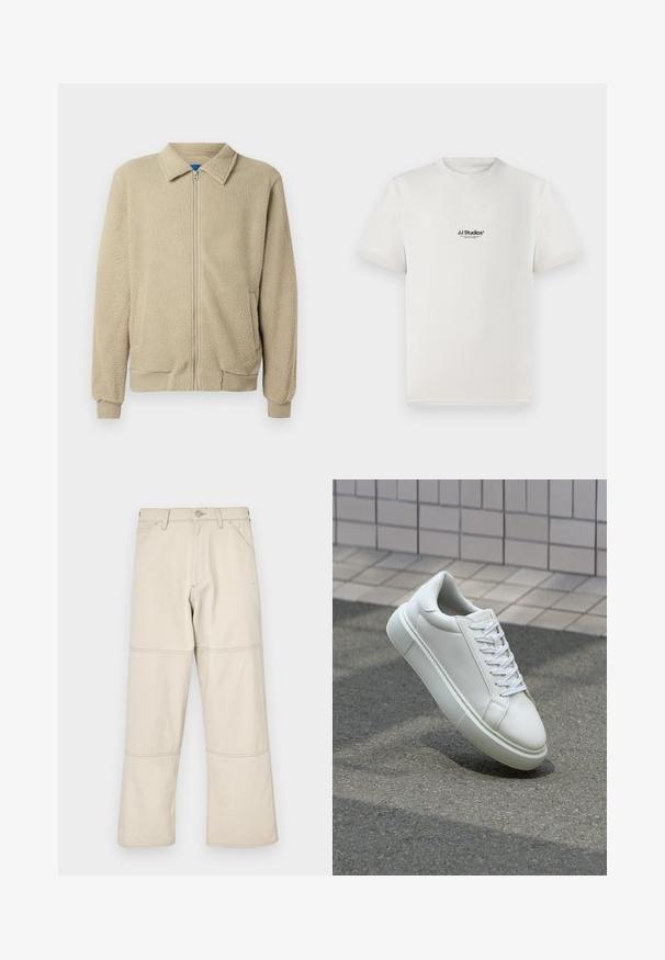 Beige zip-up fleecejakke med krage, ribbestrikkede mansjetter og hem, med sidelommer og et mykt teksturert stoff.; Hvit bomulls-t-skjorte med korte ermer, med en svart "JJ Studios" logo på brystet. Rund hals og standard passform.; Beige vide bened jeans laget av bomull med en glatt tekstur, med tredobbelt søm på sømmene og fem lommer inkludert en myntlomme.; Hvit lær sneaker med glatt overflate, rund tå og flate hvite snøringer. Har en teksturert gummisåle og minimale design elementer.