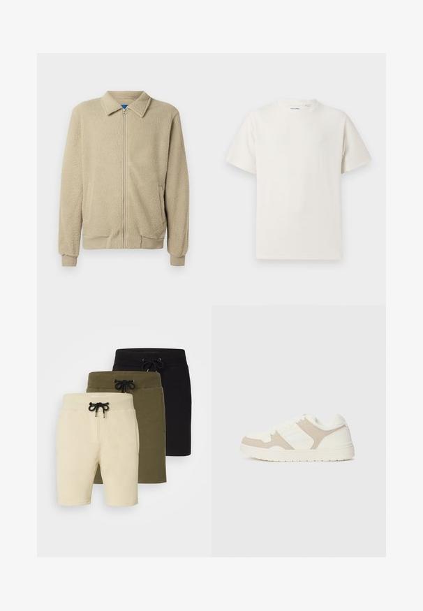 Μπεζ φλις μπουφάν με φερμουάρ, με γιακά, ριμπ μανίκια και στρίφωμα, διαθέτει πλαϊνές τσέπες και μαλακό υφαντό ύφασμα.; Λευκή κοντομάνικη μπλούζα με ριγωτή υφή. Στρογγυλή λαιμόκοψη, χαλαρή εφαρμογή, χωρίς ορατά σχέδια ή λεπτομέρειες. Απλός και ευέλικτος σχεδιασμός.; Τρία ζευγάρια σορτς σε μπεζ, ελαιόλαδο πράσινο και μαύρο. Κάθε ένα έχει ελαστική μέση με κορδόνι και τσέπες, κατασκευασμένο από μαλακό, ελαστικό ύφασμα.; Λευκά και μπεζ πάνινα παπούτσια με συνδυασμό λείας και σουέτ υφών, στρογγυλή μύτη, κλείσιμο με κορδόνια και επίπεδη λαστιχένια σόλα.