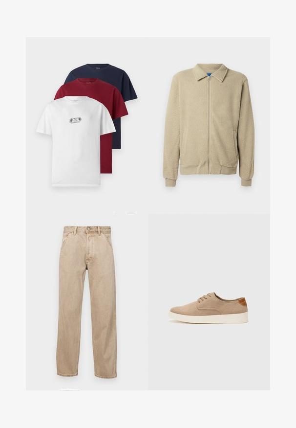 Beige zip-up fleecejakke med krage, ribbestrikkede mansjetter og hem, med sidelommer og et mykt teksturert stoff.; Tre kortermede t-skjorter i hvit, burgunder og marineblå. Hver har rund hals og myk bomull, med den hvite skjorten som viser et lite grafisk motiv.; Beige denimjeans med rett ben design, med frontlommer, metallknapplukking og subtil tekstur.; Beige semskinnsko med rund tå, snøring foran og en teksturert bakre aksent. Hvit gummisåle gir kontrast. Enkelt og moderne design.