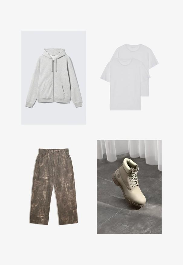 Vaaleanharmaa vetoketjullinen huppari, jossa on narut ja etutaskut, aseteltuna litteänä valkoista taustaa vasten.; Kaksi valkoista puuvillapaitaa, joissa on pyöreä kaula-aukko, lyhyet hihat ja pehmeä tekstuuri. Molemmissa on tasainen väri ilman näkyviä kuvioita tai varusteita.; Ruske farkkuhousut, joissa on haalistunut ja kulunut kuvio. Rentokuriset, joissa on viisi taskua ja edessä nappikiinnitys.; Beige tyyliset työkengät, joissa on nauhakuutie, pehmustettu kaulus ja paksu pohja harmaalla laattalattialla valkoisten läpikuultavien verhojen alla.