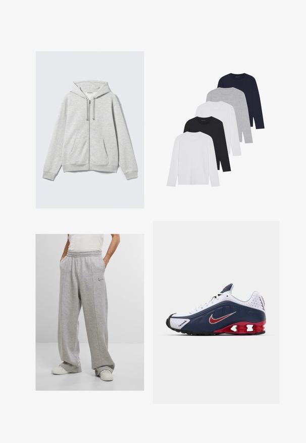 Šviesiai pilkas užtrauktuku užsegamas džemperis su raišteliais ir priekinėmis kišenėmis, išdėstytas plokščiai prieš baltą foną.; Penki ilgomis rankovėmis marškiniai: balti, juodi, tamsiai mėlyni, pilki ir šviesiai pilki. Pagaminti iš minkštos medžiagos, su apvaliais kaklų ir dryžuotais rankogaliais.; Pilkos sportinės kelnės, pagamintos iš minkštos medžiagos, su elastine juosmens juosta, šoninėmis kišenėmis ir išsiuvinėtu logotipu ant kairiojo šlaunies. Plati kojų dizainas.; Balti ir tamsiai mėlyni sportiniai bateliai su raudonais akcentais, tinklinėmis panelėmis, paminkštintu apvadu ir išskirtiniu padu, kuriame matomi amortizuojantys elementai.