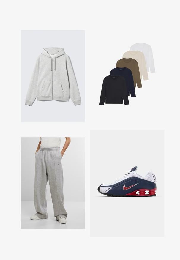 Ljusgrå zip-up bomberjacka med dragsko och framfickor, visad liggande mot en vit bakgrund.; Fem långärmade skjortor i en färggradient: mörk marinblå, marinblå, olivgrön, beige och vit. Varje skjorta har en rund halsringning och en slät yta.; Grå joggingbyxor i mjukt tyg med elastisk midja, sidofickor och broderad logotyp på vänster höft. Vid ben-design.; Vit och marinblå atletisk sko med röd accent, nätpaneler, vadderad krage och ett distinkt souldesign med synliga dämpningsenheter.
