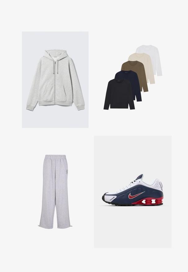 Lichtgrijze ritshoodie met koordjes en voorzakken, plat weergegeven tegen een witte achtergrond.; Vijf lang mouwen shirts in een kleurenverloop: donkerblauw, blauw, olijfgroen, beige en wit. Elk shirt heeft een ronde hals en een gladde textuur.; Karl Kani Trainingsbroek - grey; Witte en marineblauwe sportshoe met rode accenten, gaaspanelen, een gevoerde kraag en een onderscheidend zoolontwerp met zichtbare dempingsunits.
