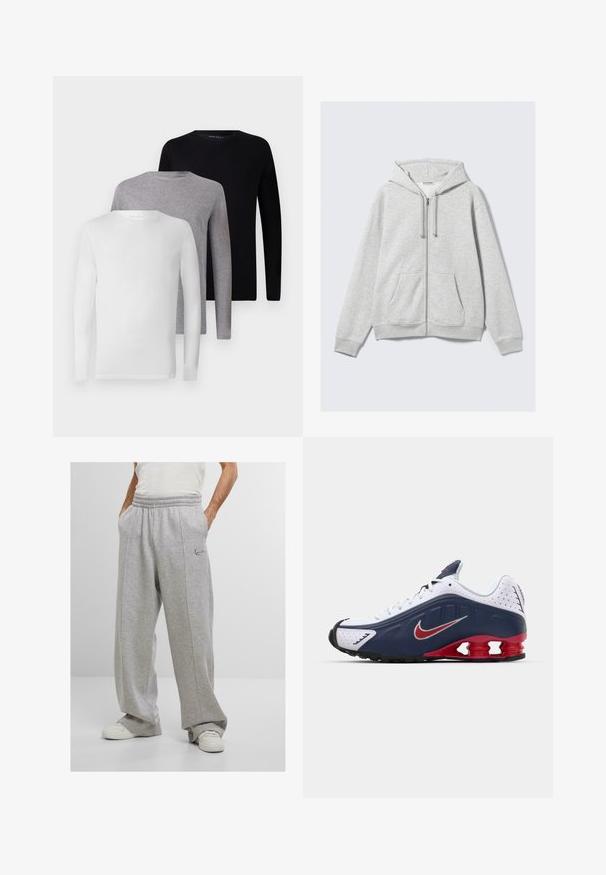 Ljusgrå zip-up bomberjacka med dragsko och framfickor, visad liggande mot en vit bakgrund.; Set med fem långärmade T-shirts: svart, vit, grå. Tillverkade i bomull, med rund halsringning och enkla, odekorerade mönster.; Grå joggingbyxor i mjukt tyg med elastisk midja, sidofickor och broderad logotyp på vänster höft. Vid ben-design.; Vit och marinblå atletisk sko med röd accent, nätpaneler, vadderad krage och ett distinkt souldesign med synliga dämpningsenheter.
