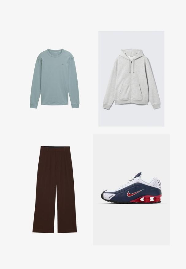 Svijetlosiva majica s patentnim zatvaračem, s vezicama i prednjim džepovima, prikazana ravno na bijeloj pozadini.; Dugmadna majica dugih rukava od mekog, svijetloplavog materijala. Ima okrugli izrez, rebraste rukave i mali logo na prsima. Glatka tekstura.; Smeđe široke hlače s nabranim detaljima. Izrađene od glatkog materijala, s krojenim pojasom i bočnim džepovima. Ravni rub na dnu.; Bijela i mornarsko plava sportska cipela s crvenim naglaskom, mrežastim panelima, podstavljenim ovratnikom i prepoznatljivim dizajnom potplata koji uključuje vidljive jedinice za ublažavanje udaraca.