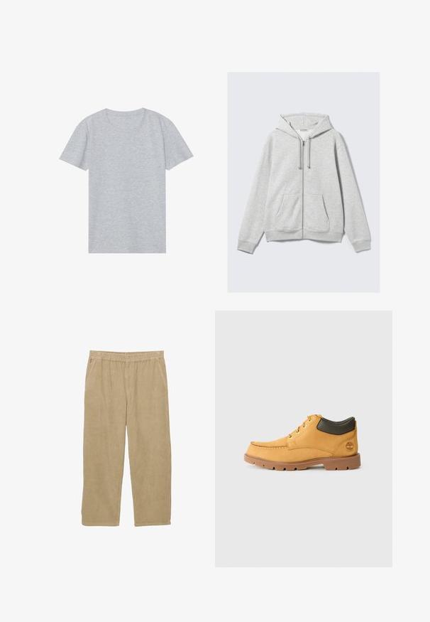 Lys grå zip-up hættetrøje med snor og frontlommer, vist fladt mod en hvid baggrund.; Grå kortærmet t-shirt lavet af blødt bomuldsblandingsmateriale, med en klassisk rund halsudskæring og en glat, let tekstur.; Beige fløjlbukser med vidde ben, elastisk talje og to sidelommer. Har vertikal ribbet tekstur.; Gul læder sko med brun gummisål, rund tå og grøn læderdetalje ved anklen. Har guldøjer og stikningsdetaljer.