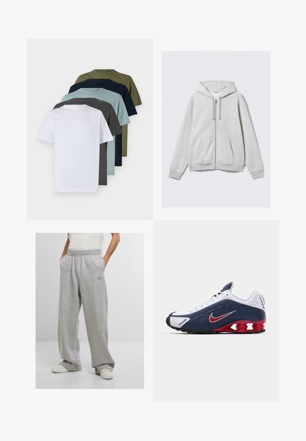 Hea hall tõmblukuhoodie, millel on nöörid ja ees taskud, esitletud lamedalt valge tausta vastu.; Kuus lühikeste varrukatega ümarakaelusega T-särki valges, tumes hallis, helesinis, tumesinises, oliivrohelises ja tumerohelises, näidates ühtlaseid värve ja puuvillast tekstuuri.; Hallid hallid dressipüksid, mis on valmistatud pehmest kangast, elastse vöökoha, küljetaskute ja vasaku puusa küljel tikandiga logoga. Lai sääre disain.; Valge ja navy sinine spordijalats punaste accentidega, võrkmaterjalist paneelid, pehmendustega krae ja eristuv talladisain, mis sisaldab nähtavaid pehmenduselemente.