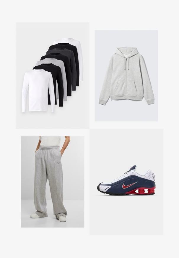 Jasnoszara bluza z kapturem na zamek błyskawiczny, z sznurkami ściągającymi i przednimi kieszeniami, wyeksponowana na białym tle.; Zestaw długich rękawów koszulki w kolorach czarnym, białym i szarym. Wykonana z bawełnianego materiału, fason z okrągłym dekoltem, gładka tekstura bez wzorów lub akcentów.; Szare dresy wykonane z miękkiego materiału, z elastycznym pasem, bocznymi kieszeniami oraz haftowanym logo na lewej biodrze. Szerokie nogawki.; Białe i granatowe buty sportowe z czerwonym akcentem, siateczkowymi panelami, wyściełanym kołnierzem oraz charakterystycznym wzorem podeszwy, z widocznymi jednostkami amortyzującymi.