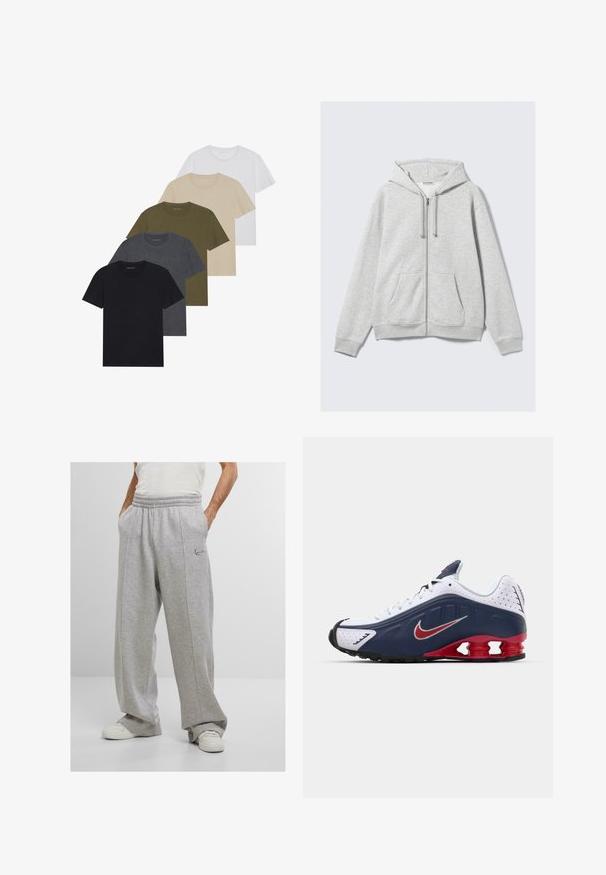 Svetlo šedá zipová mikina s kapucňou a prednými vreckami, vystavená na bielom pozadí.; Päť tričiek s okrúhlym výstrihom usporiadaných v gradientnom prechode: čierna, tmavošedá, olivovo zelená, béžová a biela. Vyrobené z mäkkej, priedušnej tkaniny.; Sivé teplákové nohavice z mäkkej látky, s elastickým pásom, bočnými vreckami a vyšívaným logom na ľavom boku. Široký strih nohavíc.; Biele a námornícke športové topánky s červenými akcentmi, sieťovinovými panelmi, polstrovaným golierom a jedinečným dizajnom podrážky s viditeľnými odpružovacími jednotkami.