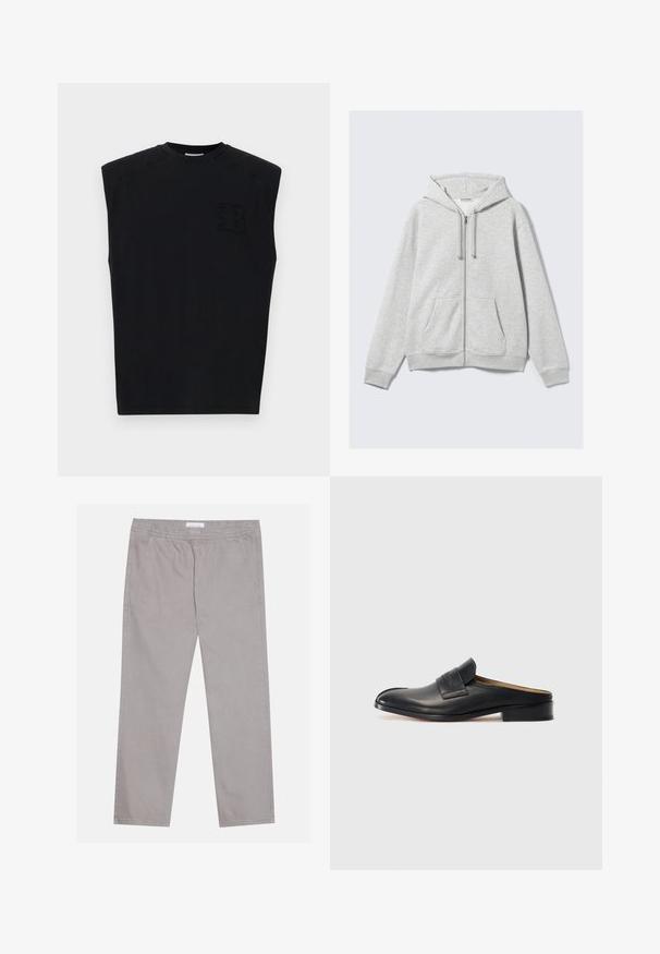 Jasnoszara bluza z kapturem na zamek błyskawiczny, z sznurkami ściągającymi i przednimi kieszeniami, wyeksponowana na białym tle.; Czarny bezrękawnik wykonany z bawełny, z okrągłym dekoltem, z teksturowanym logo po lewej stronie z przodu i gładkim wykończeniem.; Jasnoszare bawełniane spodnie z elastycznym paskiem w talii, dwoma bocznymi kieszeniami, prostym krojem nogawek i gładką fakturą. Proste detale przeszycia.; Czarne skórzane buty wsuwane z okrągłym noskiem, niskim obcasem blokowym i przednim paskiem. Gładka faktura z subtelnym logo na pasku.