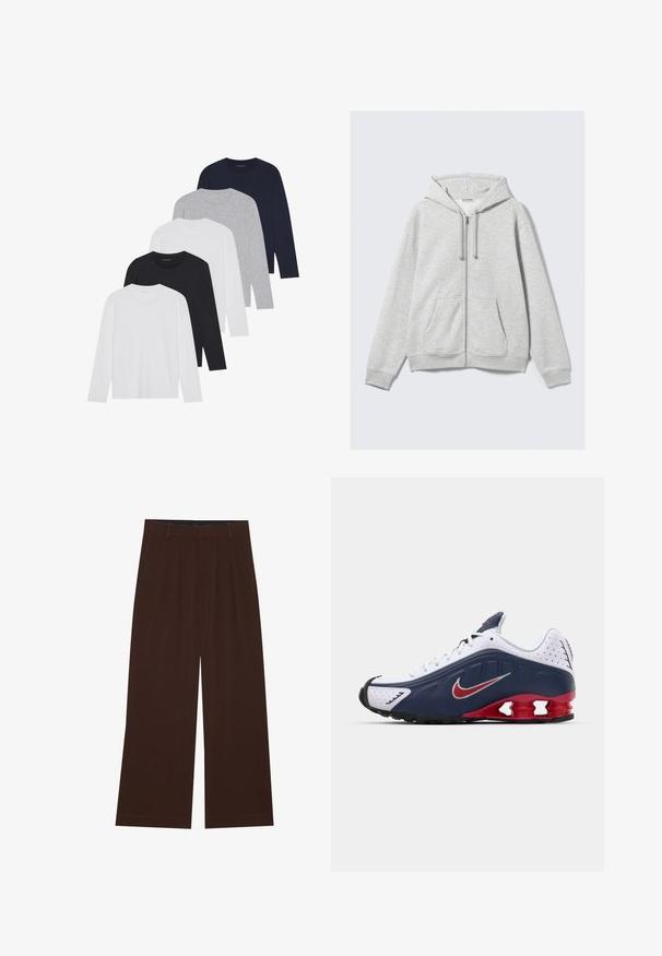 Hellgrauer Reißverschluss-Hoodie mit Kordeln und vorderen Taschen, flach gegen einen weißen Hintergrund präsentiert.; Fünf Langarmshirts in Weiß, Schwarz, Dunkelblau, Grau und Hellgrau. Aus weichem Stoff, mit Rundhalsausschnitten und gerippten Bündchen.; Braune weite Hosen mit Falten. Aus einem glatten Stoff gefertigt, mit einem taillierten Bund und seitlichen Taschen. Flacher Saum am Boden.; Weiße und marineblaue Sportschuhe mit roten Akzenten, Netzpaneelen, gepolstertem Kragen und einem markanten Sohlenentwurf mit sichtbaren Dämpfungselementen.