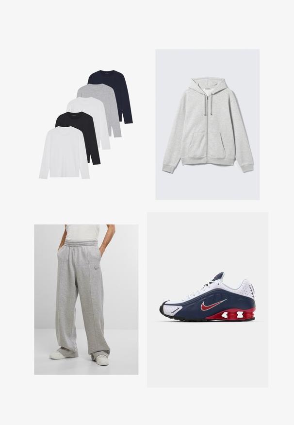 Világosszürke cipzáras kapucnis pulóver húzózsinórokkal és elülső zsebekkel, fehér háttér előtt laposan elhelyezve.; Öt hosszú ujjú póló fehér, fekete, sötét tengerészkék, szürke és világosszürke színben. Puha anyagból készült, klasszikus kerek nyakkivágással és bordázott mandzsettákkal.; Szürke szabadidőnadrág puha anyagból, rugalmas derékrésszel, oldalsó zsebekkel és hímzett logóval a bal csípőn. Széles láb kialakítás.; Fehér és sötétkék sportcipő piros kiegészítőkkel, hálós panelek, párnázott gallér, valamint jellegzetes talpformázás látható párnázó elemekkel.