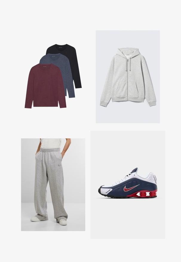 Lichtgrijze ritshoodie met koordjes en voorzakken, plat weergegeven tegen een witte achtergrond.; Drie langslavige T-shirts in bordeaux, donkerblauw en zwart. Katoenen materiaal, ronde hals, effen kleuren, met subtiele textuur.; Grijze sweatpants van zachte stof, met een elastische tailleband, zijzakken en geborduurd logo op de linkerheup. Ontwerp met wijde broekspijpen.; Witte en marineblauwe sportshoe met rode accenten, gaaspanelen, een gevoerde kraag en een onderscheidend zoolontwerp met zichtbare dempingsunits.