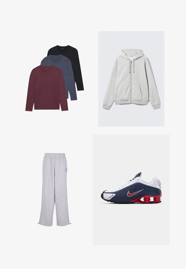 Svetlo šedá zipová mikina s kapucňou a prednými vreckami, vystavená na bielom pozadí.; Tričko s dlhým rukávom v burgundskej, tmavo modrej a čiernej farbe. Bavlnený materiál, okrúhly výstrih, jednofarebné, s jemnou textúrou.; Karl Kani Tepláky - grey; Biele a námornícke športové topánky s červenými akcentmi, sieťovinovými panelmi, polstrovaným golierom a jedinečným dizajnom podrážky s viditeľnými odpružovacími jednotkami.
