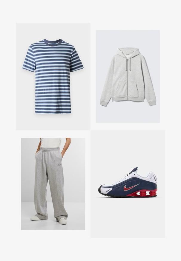 Vaaleanharmaa vetoketjullinen huppari, jossa on narut ja etutaskut, aseteltuna litteänä valkoista taustaa vasten.; Valkoisilla ja vaaleansinisiä vaakaraitoja varustettu tummansininen raidoitettu t-paita. Klassinen pyöreä pääntieratkaisu, valmistettu pehmeästä puuvillakankaasta.; Harmaat verkkapantsit, jotka on valmistettu pehmeästä kankaasta, sisältävät joustavan vyötärön, sivutaskut ja brodeeratun logon vasemmalla lonkalla. Leveälahkeinen malli.; Valkoinen ja tummansininen urheilujalkine punaisilla yksityiskohdilla, verkkomaisia paneeleita, pehmustettu kaulus ja erottuva pohjasuunnittelu, jossa näkyvät vaimennusyksiköt.