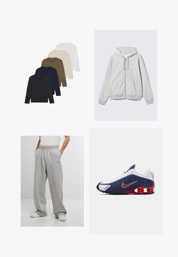 Šviesiai pilkas užtrauktuku užsegamas džemperis su raišteliais ir priekinėmis kišenėmis, išdėstytas plokščiai prieš baltą foną.; Penki ilgomis rankovėmis marškiniai, pereinantys nuo tamsiai mėlynos, mėlynos, alyvuogių žalios, smėlinės iki baltos spalvos. Kiekvienas marškinys turi apvalų kaklą ir lygų paviršių.; Pilkos sportinės kelnės, pagamintos iš minkštos medžiagos, su elastine juosmens juosta, šoninėmis kišenėmis ir išsiuvinėtu logotipu ant kairiojo šlaunies. Plati kojų dizainas.; Balti ir tamsiai mėlyni sportiniai bateliai su raudonais akcentais, tinklinėmis panelėmis, paminkštintu apvadu ir išskirtiniu padu, kuriame matomi amortizuojantys elementai.