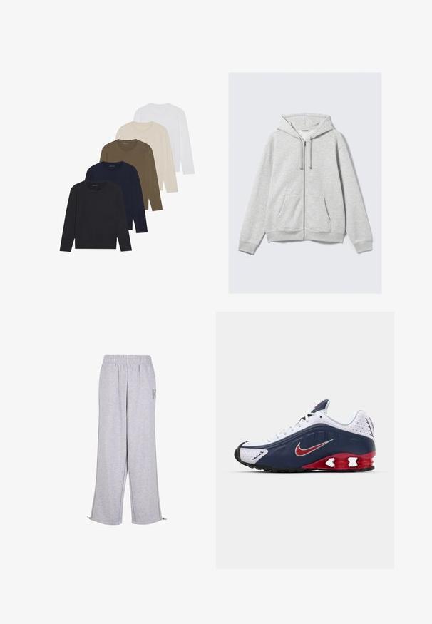 Felpa leggera grigia con zip, dotata di coulisse e tasche frontali, mostrata distesa su uno sfondo bianco.; Cinque camicie a maniche lunghe in una gradazione di colori: blu scuro, blu, verde oliva, beige e bianco. Ognuna ha un collo rotondo e una texture liscia.; Karl Kani Pantaloni sportivi - grey; Scarpa sportiva bianca e blu navy con accenti rossi, pannelli in rete, collo imbottito e design distintivo della suola con unità di imbottitura visibili.