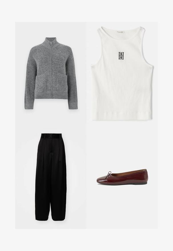 Pelēks adīts kardigāns ar augstu apkakli, ar rāvējslēdzēju un divām priekšējām kabatām. Iezīmē mīkstu tekstūru un ribotu aproču un apakšmalu.; Balts ribots bez piedurknēm, kuram centrā uz krūtīm ir melns izšūts logo. Kakla un roku caurumu malas ir rūpīgi apstrādātas ar smalku apdari.; By Malene Birger PISCALI - Auduma bikses - black; Burgundijas laku ādas baleta kurpes ar noapaļotu purngalu, nelielu loku akcentu priekšā un zemu melnu gumijas zoli. Gluda tekstūra.