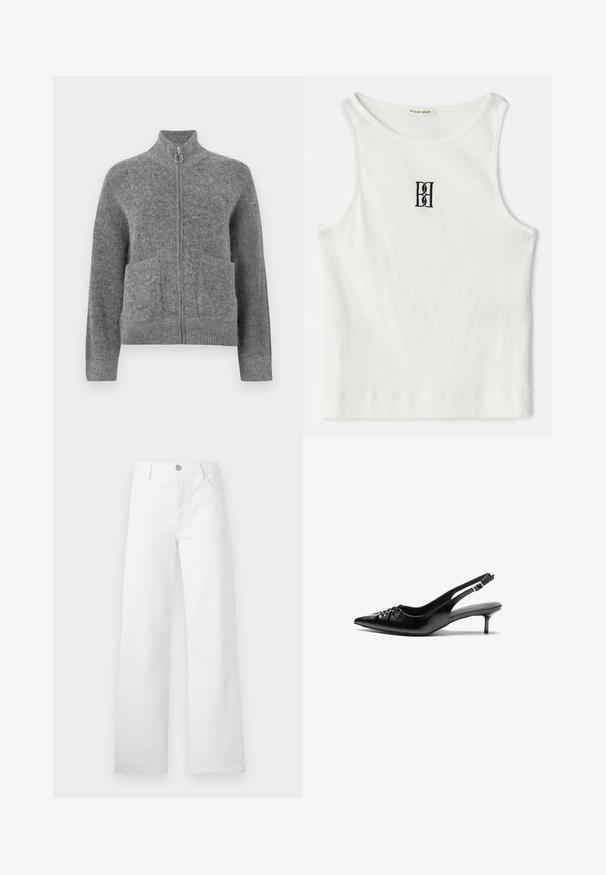 Gray knit cardigan with a high collar, zip closure, and two front pockets. Features a soft texture and ribbed cuffs and hem.; White ribbed tank top featuring a black embroidered logo centered on the chest. The neckline and armholes are finished with a subtle binding.; White wide-leg jeans made from cotton denim. Features a button and zip fly, classic front pockets, and a clean, unembellished design.; Black leather slingback heels with a pointed toe, low kitten heel, and gathered detail on the vamp. Smooth texture and minimalist design.