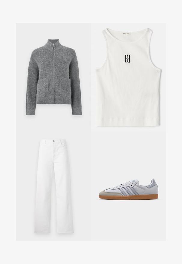 Grijze gebreide cardigan met een hoge kraag, ritsluiting en twee voorzakken. Het heeft een zachte textuur en ribbels bij de mouwen en onderkant.; Witte geribde tanktop met een zwart geborduurd logo in het midden van de borst. De halslijn en armsgaten zijn afgewerkt met een subtiele bies.; Witte wijde jeans gemaakt van katoen denim. Beschikt over een knoop- en ritssluiting, klassieke voorzakken en een strakke, onopvallende uitstraling.; Witte leren sneakers met lichtblauwe accenten, grijs suède neus en een bruine rubberen zool. Voorzien van drie blauwe strepen en "Samba"-branding.