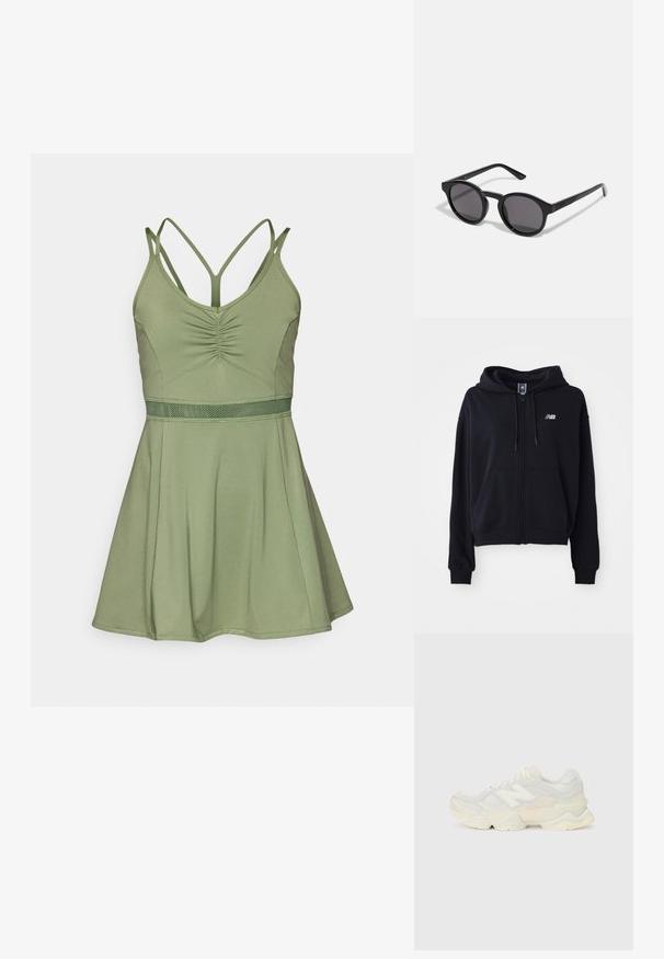 Must soeprakk, millel on pehme kangas, känguru tasku, nööriga kapuuts ja rinnal väike peegeldav logo.; Roheline ilma varrukateta kleit, millel on vooderdatud korpus, rikka detailiga ees ning laienev seelik. Omab tekstuuri keskosa ja risti rihmasid.; Kerge tenniseking, mille pealis on valmistatud võrgust ja seemisnahast pehmes kreemitoonis, koos paksu tallaga ja kolmemõõtmeliste aktsentidega.; Mustad mustad prillid ümmarguse, veidi lainelise raami, tumedate läätsede ja sirgete mustade kätega. Sile, läikiv viimistlus ilma nähtavate mustriteta.