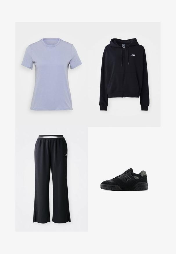 Black zip-up hoodie made of soft fabric, featuring a kangaroo pocket, drawstring hood, and a small reflective logo on the chest.; Light purple short-sleeve t-shirt with a round neckline, made from soft fabric, featuring a smooth texture and no visible patterns or accents.; Black athletic pants with a wide leg design, elastic waistband featuring black and white stripes, and side slits at the hem.; Black low-top sneaker with textured sole, lace-up design, suede panels, and patterned accents on heel and side logo.