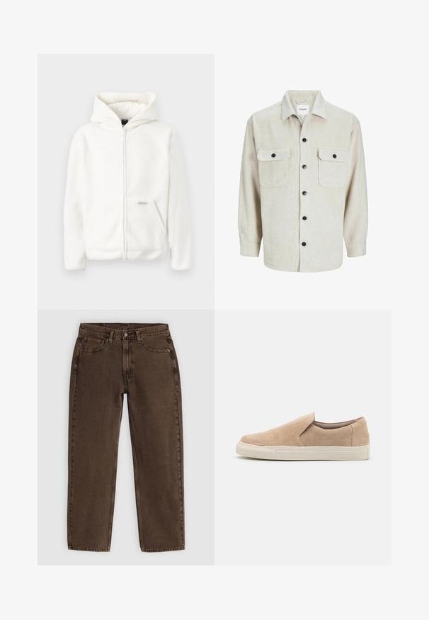 White fleece hoodie with a full zipper, large hood, and front pocket. Soft texture and simple design, featuring a small logo accent.; Beige flannel shirt with a collared neckline, featuring two chest pockets, black buttons, and long sleeves with buttoned cuffs.; Brown denim jeans with a straight cut, five pockets, front button closure, and minimal stitching detail. Soft texture with a matte finish.; Beige slip-on shoe made of suede, featuring a rounded toe, elastic side, and a white rubber sole with textured accents.