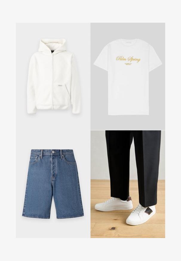 Biała polarowa bluza z kapturem, z pełnym zamkiem błyskawicznym, dużym kapturem i kieszenią na przodzie. Miękka tekstura i prosty design, z małym akcentem logo.; Biała bawełniana koszulka z złotym napisem "Palm Spring" oraz "California Love Eighty Five" poniżej, luźny krój, okrągły dekolt.; Jasnoniebieskie szorty dżinsowe o wygaszonej fakturze, pięć kieszeni, z zapięciem na guzik w talii.; Białe trampki o gładkiej fakturze, z brązowymi skórzanymi akcentami i czarnymi detalami, zestawione z czarnymi eleganckimi spodniami. Tło stanowi drewniana podłoga.