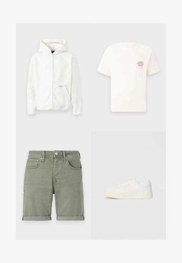 Hvid fleece-hoodie med fuld lynlås, stor hætte og frontlomme. Blød tekstur og enkelt design, prydet med et lille logo som accent.; Hvid kortermet T-shirt med rød tekst "Studio Originals Edition" på venstre bryst, vist på en neutral grå baggrund.; Grønne denimshorts med oprevet kant, der har forlommer, knaplukning og en let falming for et afslappet look.; Hvide slip-on sneakers med en struktureret overflade, en tyk sål og et minimalistisk design. Har brandlogoet på siden.