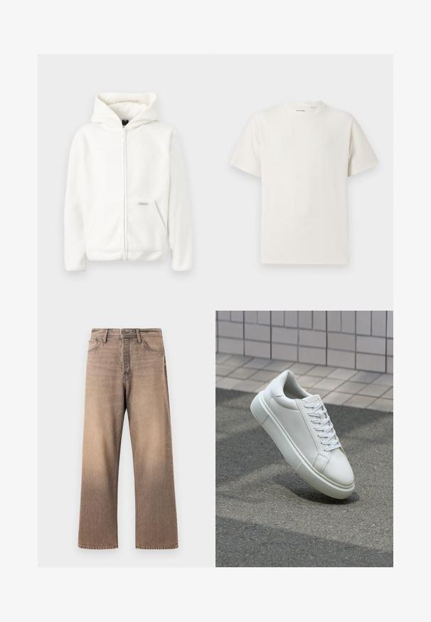 White fleece hoodie with a full zipper, large hood, and front pocket. Soft texture and simple design, featuring a small logo accent.; White short-sleeve T-shirt in a ribbed texture. Round neckline, relaxed fit, no visible patterns or accents. Simple and versatile design.; Wide-leg jeans in a gradient brown wash, featuring classic five-pocket design, belt loops, and contrast stitching on a smooth denim texture.; White leather sneaker with a smooth surface, round toe, and flat white laces. Features a textured rubber sole and minimal design elements.