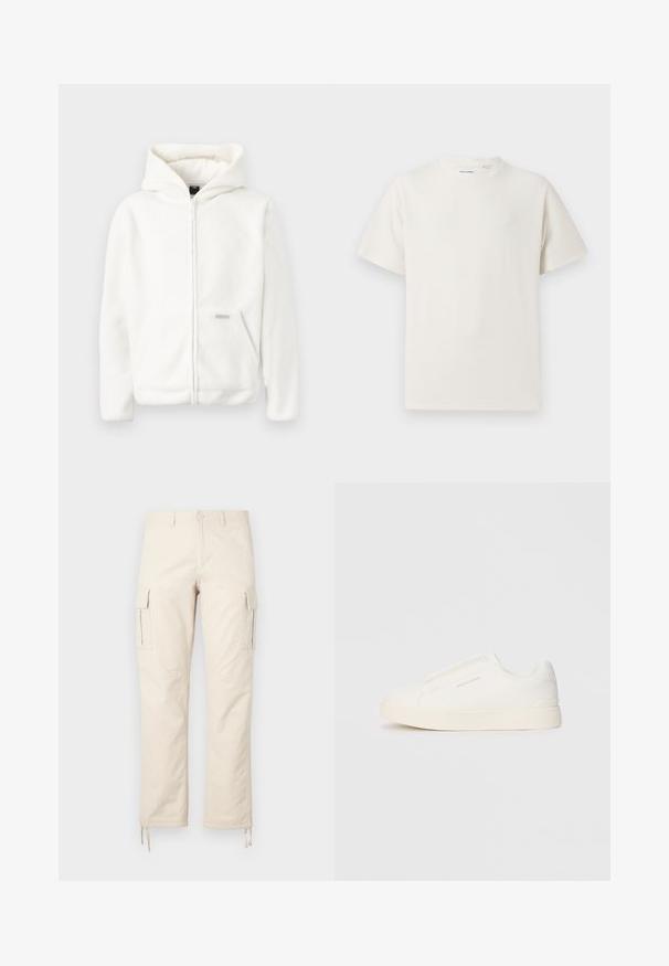 White fleece hoodie with a full zipper, large hood, and front pocket. Soft texture and simple design, featuring a small logo accent.; White short-sleeve T-shirt in a ribbed texture. Round neckline, relaxed fit, no visible patterns or accents. Simple and versatile design.; Beige cargo pants made of cotton blend fabric. Features include two side pockets, a straight leg design, and adjustable drawstrings at the hems.; White slip-on sneakers with a textured surface, a thick sole, and minimalistic design. Features brand logo on the side.