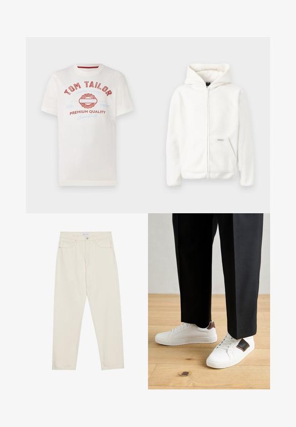 White fleece hoodie with a full zipper, large hood, and front pocket. Soft texture and simple design, featuring a small logo accent.; White cotton t-shirt featuring red and blue print with "TOM TAILOR," a circular logo, and text "PREMIUM QUALITY" in various fonts.; Beige denim jeans with a straight-leg cut, featuring five pockets, a button closure, and subtle stitching details. Smooth texture.; White sneakers with smooth texture, featuring brown leather accents and black detailing, paired with black tailored pants. Wooden floor background.