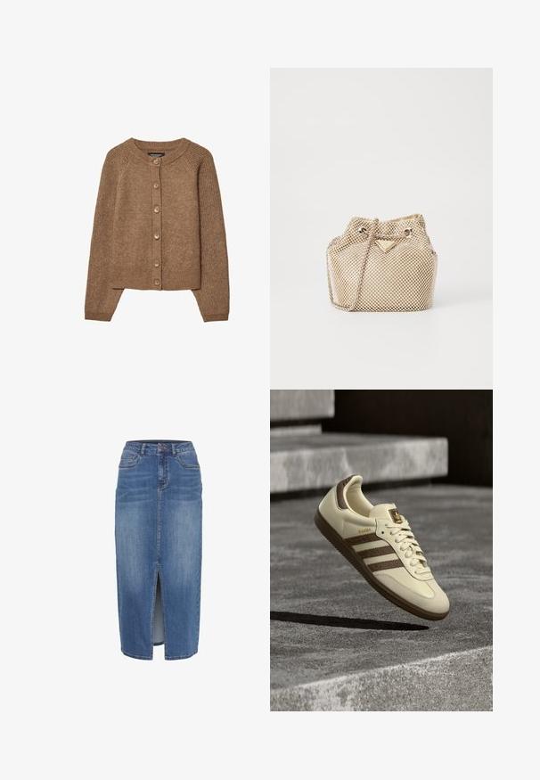 Cardigan in maglia marrone con scollatura tonda, chiusura con bottoni e polsini a coste. La texture è morbida e ha un aspetto accogliente e caldo.; Canotta bianca a coste, con spalline larghe e un design aderente, abbinata a pantaloni neri a vita alta e una cintura nera.; Gonna di jeans con spacco frontale, di lunghezza media, in una tonalità di blu chiaro a medio. Presenta cinque tasche e una vita con passanti per la cintura.; Scarpa da ginnastica color crema con accenti marroni, strisce laterali texturizzate e finitura in pelle liscia. Presenta una chiusura con lacci e suola in gomma.; Borsa a rete dorata con forma strutturata, dotata di chiusura a coulisse, tracolla a catena e un dettaglio a logo triangolare sul frontale.