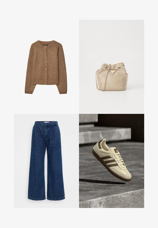 Ruskea neule cardigan, jossa on pyöreä kaula-aukko, nappikiinnitys ja ribbireunat. Tekstuuriltaan pehmeä ja mukavan lämmin ulkonäkö.; Valkoinen ribattava toppi, jossa on leveät olkaimet ja tiukka muotoilu, yhdistettynä korkeavyötäröisiin mustiin housuihin ja mustaan vyöhön.; Vanklarit farkut tummansinisinä. Varusteena joustava vyötärö, löysä leikkaus ja vähäiset tikkausdetaljit helmaosassa.; Kermanvärinen tennari, jossa ruskeat yksityiskohdat, teksturoidut sivuraitat ja sileä nahkapinta. Mallissa on nauhakiinnitys ja kumipohja.; Kultaosa verkko käsilaukku, jossa on jämäkkä muoto, piilokiristyssuljin, ketjuhihna ja kolmion muotoinen logo korostus etupuolella.