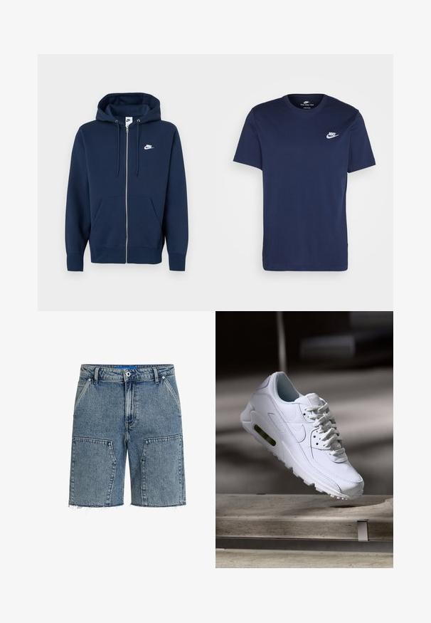 Mornarskoplava plava majica s patentnim zatvaračem, prednjim džepom, kapuljačom s vrpcama za vezanje i bijelim Nike logom na lijevoj strani prsa. Izrađena od mekanog materijala.; Tamno plavi pamučni majica s okruglim izrezom i kratkim rukavima. Sadrži bijeli Nike logo na lijevoj strani prsnog koša i ravni rub.; Traper šortsevi u svijetloplavoj boji, s opuštenim krojem, izrezanim rubom i velikim prednjim džepovima. Izrađeni od teksturiranog traper materijala.; Bijela kožna tenisica s teksturiranim površinama, podstavljenim ovratnikom i vidljivom zračnom amortizacijom u potplatu. Ima vezice i minimalistički dizajn.