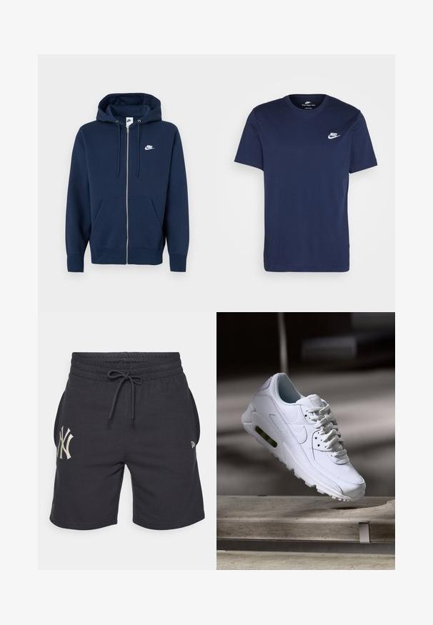 Marineblå hettejakke med glidelås, frontlomme, snor i hetten og en hvit Nike-logo på venstre bryst. Laget av mykt stoff.; Mørkeblå bomulls T-skjorte med rund hals og korte ermer. Har en hvit Nike-logo på venstre bryst og en rett nedre kant.; Svarte bomullsshortser med snor i midjen, sidelommer og en brodert hvit NY-logo på venstre ben. Enkelt design og behagelig passform.; Hvit lær sneakers med teksturerte overflater, polstret krage og synlig luftdemping i sålen. Har snøring og et minimalistisk design.