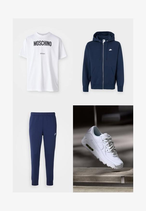 Sweatshirt com capuz azul marinho com fecho de correr, bolso frontal, capuz com cordão e logótipo branco da Nike no lado esquerdo do peito. Feito de tecido macio.; T-shirt branca de algodão com o texto em preto "MOSCHINO" em destaque acima do texto menor "Milano". Decote redondo clássico e mangas curtas.; Calças de treino Nike azul-marinho feitas de uma mistura suave de algodão, com um cós elástico, pernas afuniladas e um pequeno logotipo branco de lado.; Sapatilha branca de couro com superfícies texturizadas, colarinho acolchoado e amortecimento de ar visível na sola. Apresenta atacadores e um design minimalista.