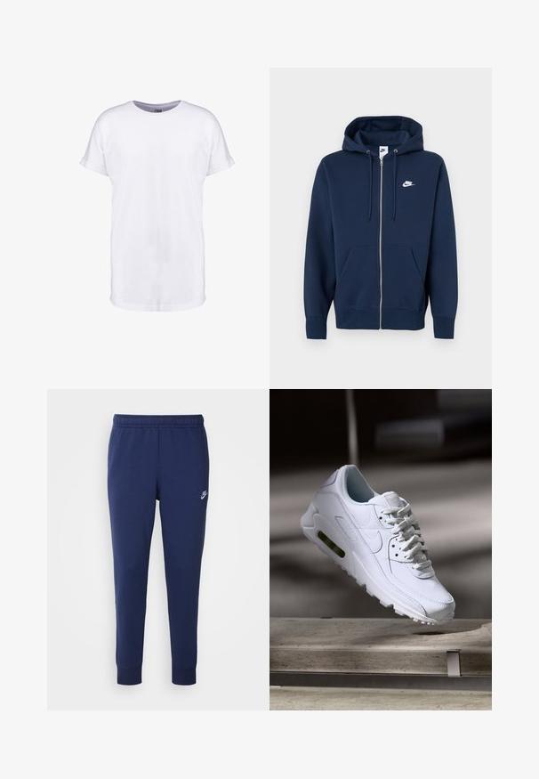 Marinblå zip-up-hoodie med framficka, dragsko i huvan och en vit Nike-logotyp på vänster bröst. Tillverkad av mjukt tyg.; Vit bomull t-shirt med korta ärmar, rund halsringning och avslappnad passform. Slät textur och inga synliga mönster eller designer.; Mörkblå Nike sweatpants gjorda av en mjuk bomullsblandning, med ett elastiskt midjeband, avsmalnande ben och en liten vit logotyp på sidan.; Vit lädersneaker med strukturerade ytor, vadderad krage och synlig luftkudde i sulan. Innehåller snören och har en minimalistisk design.