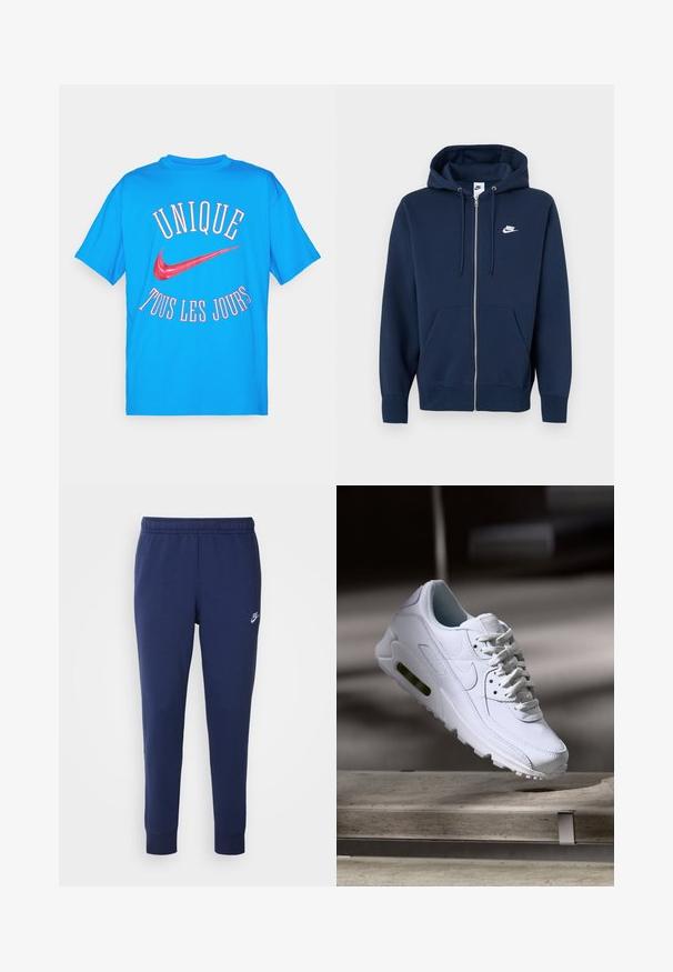 Tmavě modrá mikina na zip s přední kapsou, kapucí na stažení a bílým logem Nike na levé straně hrudníku. Vyrobena z měkké látky.; Modrá bavlněná tričko s červeným textem "UNIQUE TOUS LES JOURS" a červeným logem Nike na zádech, krátké rukávy, design s kulatým výstřihem.; Tmavě modré tepláky Nike vyrobené z měkké bavlněné směsi, s elastickým pasem, tapered nohavicemi a malým bílým logem na boku.; Bílé kožené tenisky s texturovanými povrchy, polstrovaným límcem a viditelným vzduchovým odpružením v podešvi. Mají tkaničky a minimalistický design.